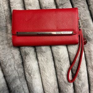 Steve Madden Logobar Trifold Red Wristlet Wallet Clutch
